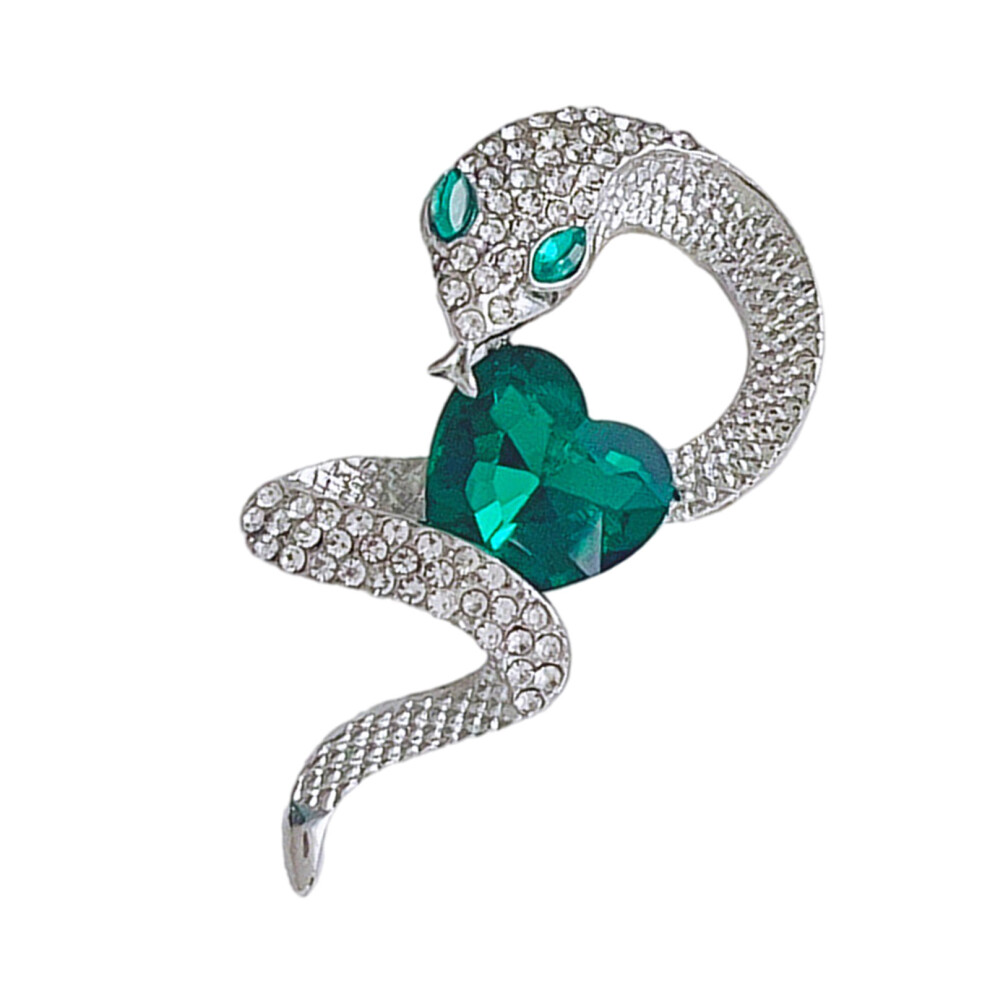 Vintage Emerald Heart Snake Brooch Green Crystal Lapel-Silver