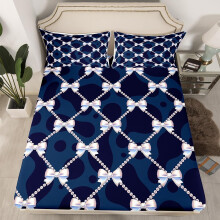 Cute Bow Fitted Sheet Single Size For Boys Teens Dark Blue Pearl Bowknot Breathable 90x19040cm