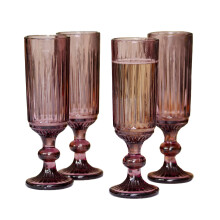 Set of 4 Pink Champagne Flutes Elegant Ridged Prosecco Glasses Embossed Stemware for Toasting