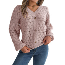 Beskåret cardigan til kvinder, elegant design, hæklet strik, letvægts V-hals, knaplukning, udhulet tekstur, lange ærmer, åben front, skuldertræk