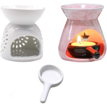 Bruciatore di cera in ceramica di grado AB, in ceramica smaltata bianca con cucchiaini abbinati per yoga e relax, 2 pezzi