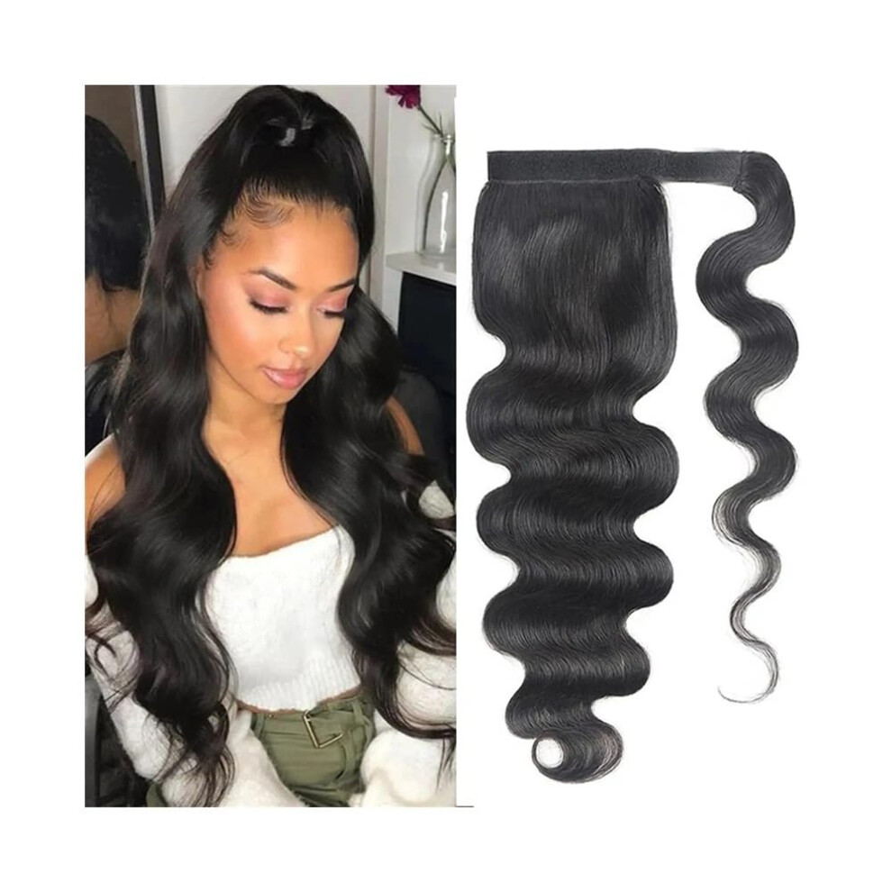 Unisex Daily Body Wave Human Hair Ponytail Extension Brazilian Remy Hair Wraparound Magic Paste Clipin Wave Curly 26 Inches