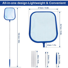 Skimmer elegante para piscinas, malla súper fina de alta resistencia con mango telescópico de aluminio ajustable, herramienta de limpieza multiusos