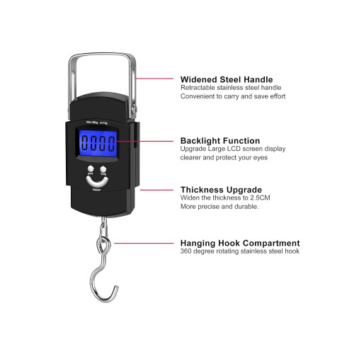 Electronic Balance With Durable Hook, Memory Function For Fish Scales Or Travel Bags, Backlit Lcd Display (Black) 1