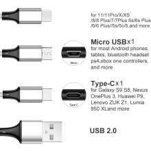 Cabo de carregamento trançado versátil, compatibilidade universal, cabo carregador 3 em 1 para vários celulares, extra longo, para casa, carro e