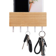 Organizer decorativo da parete, portachiavi adesivo per lettere e chiavi, montabile a parete con 5 ganci, materiale in legno, dimensioni compatte.