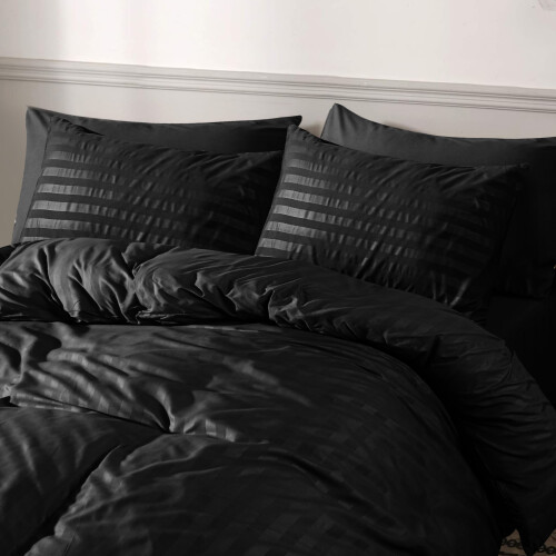(King, Black) Stripe Duvet Cover Set Bed Quilt & Pillowcase Pair 1