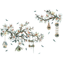 Wandtattoos mit floralen Baumzweigen, Magnolienblüten und Vögeln, wasserfeste Vinyl-Kunstaufkleber im chinesischen Stil, dekorative Vogel-Wandbilder
