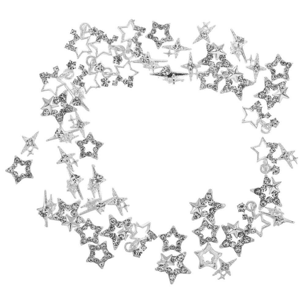 Happyyami 50Pcs Pentagram Star Nail Charms Silver Alloy 3D Bling Decorations Set