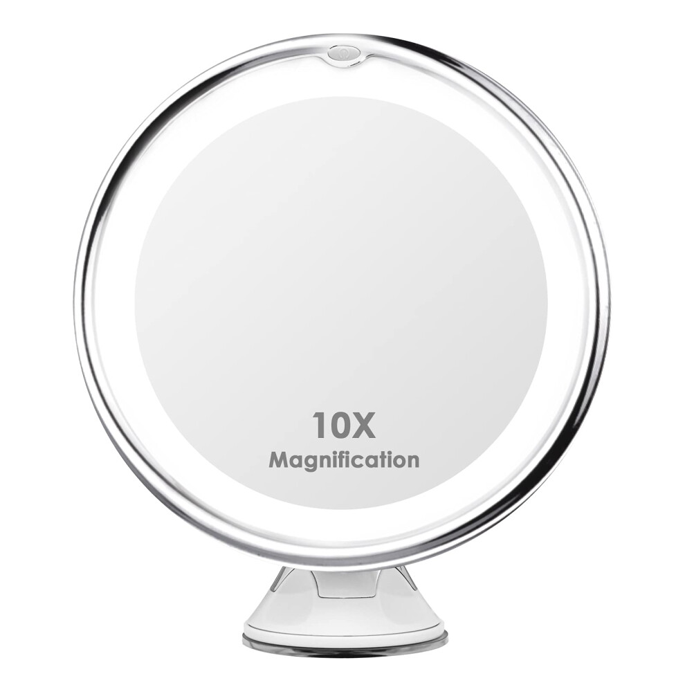 Portable Makeup Mirror with Powerful 10x Magnification, Customizable LED Lighting, Elegant Design, Battery Operated, Strong Suction Cup for Secure Hol