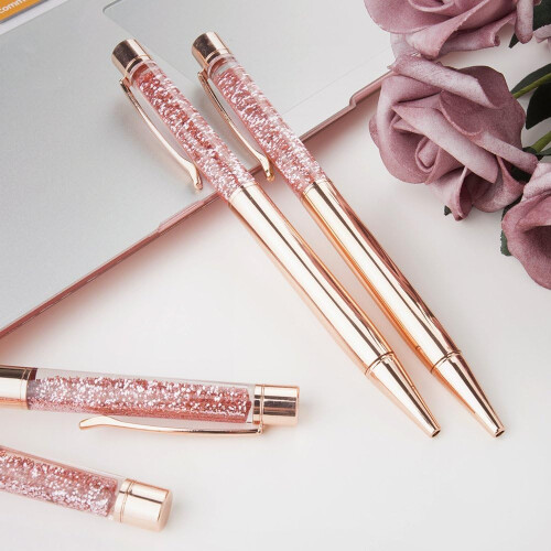 Σετ στυλό Bling Ballpoint, δυναμικό στυλό υγρής άμμου με μεταλλικό φινίρισμα, ροζ χρυσά 2