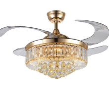 Ceiling Fans with Lamps Luxury Crystal Lighting Fixture Dimmable LED 4 Retractable Blades Silent 3 Speed for Hotels Offices