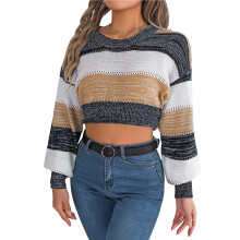 Pulovere scurte cu dungi pentru femei, top tricotat cu mânecă lungă și design color block cu umerii căzuți, pulover casual cu croială lejeră