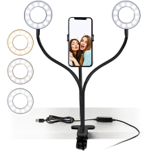 Anello luminoso per selfie con clip girevole a 360 gradi, compatibilità universale con tutti gli smartphone, qualità professionale da studio.