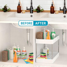 Under Sink Sliding Basket Organizer, White Under Sink Storage for Closets Kitchens Bathrooms With ABS Plastic And Stainless Steel Construction, Quick