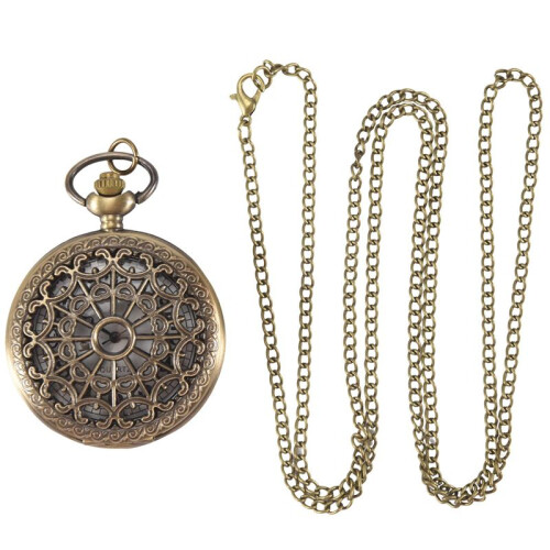 Retro Antique Bronze Spiderweb Pattern Pocket Watch Quartz Clock Necklace Pendant