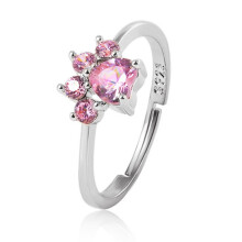 Cute Cartoon Opening Adjustable Cat Footprint Zircon Ring Female Electroplated Environmentally Friendly Silver