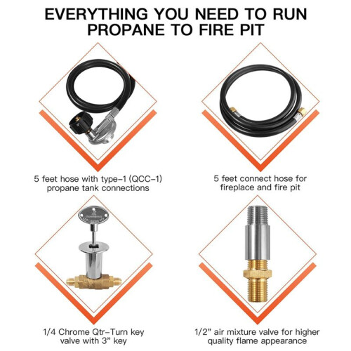 Burner Connection Kit, Propane Fire Pit Replacement with 1/2In Control Valve Key Set, Adjustable Pressure Regulator Hose 1