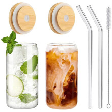 Drinking Glasses with Bamboo Lids and Glass Straw 2PCS Set, 16Oz Can Shaped Glass Cups with Lids and Straws,Beer Glasses