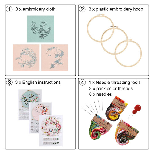 3 Pack Embroidery  Kit for Beginners,  Stitch Kits for Adults Include 3 Embroidery Cloth with Birds Pattern 1