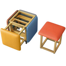 Cube Stool 5In1 Nesting Chair, Gold Frame Leather Seat, Swivel Wheels, Storage Ottoman, 45x45x48 Cm, Home Dining