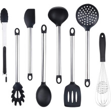 Conjunto de 9 utensílios de cozinha antiaderentes e resistentes ao calor, com cabo de aço inoxidável e design ergonômico em silicone de qualidade