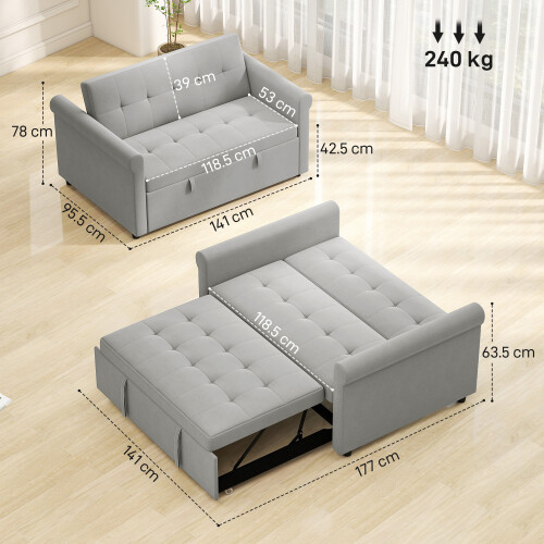 Homcom HOMCOM Convertible Pull Out Sleeper Sofa Bed Settee for Living Room, Grey 2