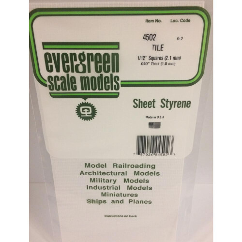 Evergreen Evergreen 4502 - 1/12" x 1/12" Polystyrene Square Tile Sheet 6" x 12"