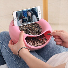 Double Bowl Snack Serving Dish Organizer, Eco-Friendly Pink Plastic Perfect Gift With Cellphone Holder Slot For Living Room, Kitchen, And More