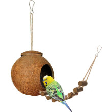 Attacco rapido in guscio di cocco naturale, giocattolo per uccelli fatto a mano in materiali naturali per la stimolazione mentale e il gioco fisico,