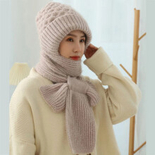(light gray) Thicken Plush One-piece Hats Scarf Fleece Lined Knitted Wool Hat DIY Neck Warmer