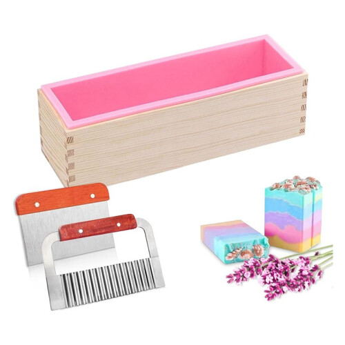 Soap Making Supplies - Flexible Rectangular Bread Mold with Wooden Box for Soap Making 47 Oz A