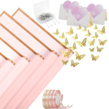 40 Hojas de Papel de Regalo de Flores con 4 Rollos de Cintas de Flores, 20 Tarjetas, 36 Piezas de Mariposas Doradas 3D, Rosa