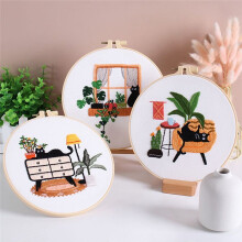 5 Sets Embroidery Kit for Beginners Adults , Hand Embroidery Kit Includes Leisure Cat, Hoop, Color Threads, Tools