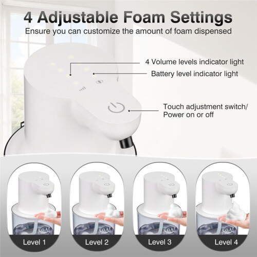 Automatic Soap Dispenser Touchless,4-Level Adjustable Foaming Hand Soap Dispenser, Auto Soap Dispenser Wall Mount,White 1