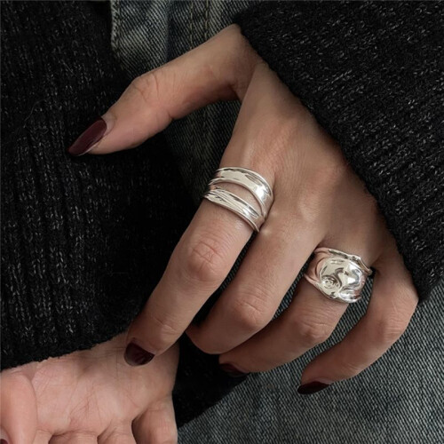 Open Finger Ring Width Irregular Geometric Ring Punk Women Jewelry Gift Silver Plated 2