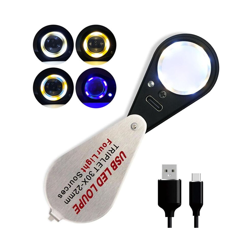 Light 30X Jewelers Loupe Magnifier Usb Rechargeable With Uv & Led S, Four Types Of ,For Gemstone, Coins, Stamps