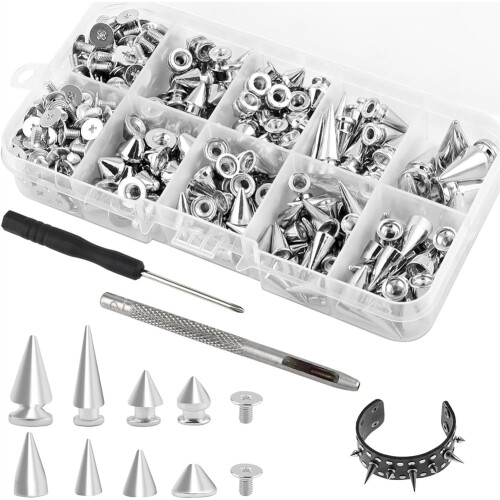 354 Sets Punk Spikes and Studs Kit,8 Sizes Cone Tree Spike Studs with Screwbacks for Jackets,Belts,Bags,Leather