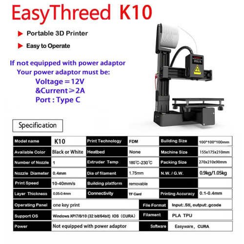 For EasyThreed 3D Printer Entry Level Compatible with PLA TPU 1.75mm Filament Include Power Adaptor EU Plug White 2