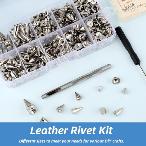 354 Sets Punk Spikes and Studs Kit,8 Sizes Cone Tree Spike Studs with Screwbacks for Jackets,Belts,Bags,Leather 1