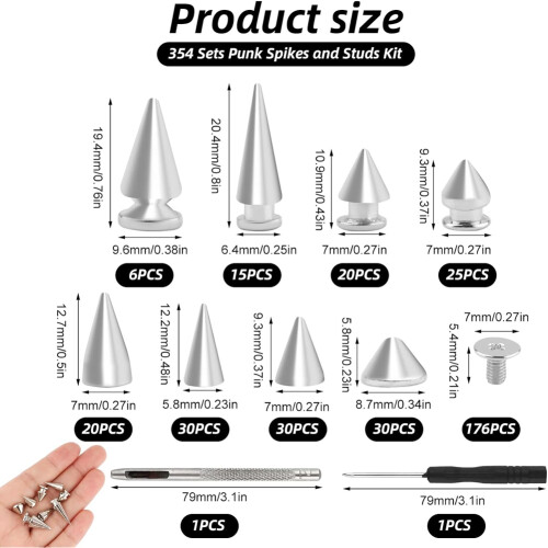 354 Sets Punk Spikes and Studs Kit,8 Sizes Cone Tree Spike Studs with Screwbacks for Jackets,Belts,Bags,Leather 2