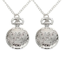 2X Silver Quartz Butterfly Arabic Numerals Pocket Watch with Vintage Necklace