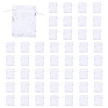 500 PCS Organza Wedding Gift Bags Drawstring Jewelry Pouch Bags Silver White Snowflakes Printed Sheer Party Favor Bags