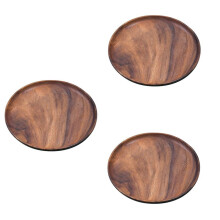 3X Round Solid Wood Board Whole Acacia Wood Fruit Plate Wooden Saucer Tea Plate Dessert Dinner Breakfast Plate