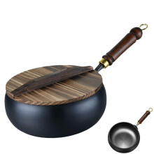Cast Iron Wok Pan Round Bottom with Wooden Lid for Gas and Induction, Fast Heat Distribution
