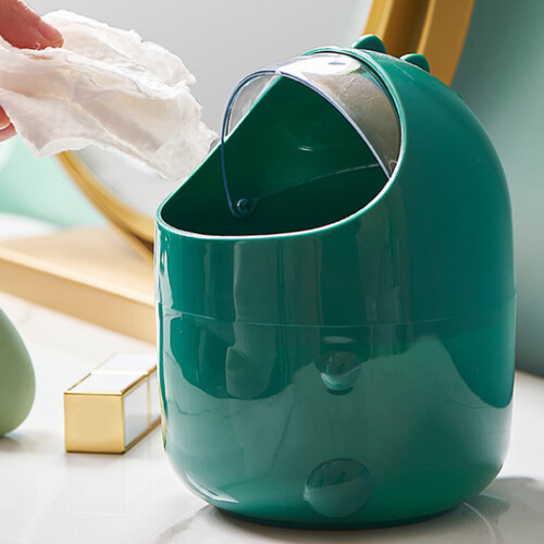 Mini grüner Plastik-Desktop-Mülleimer mit Deckel, einfaches Stauraum, 1,2 l 2