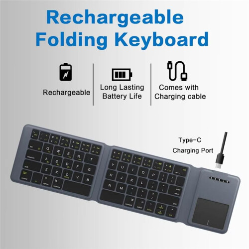 Portable  Wireless Touchpad Keyboard,Tri-Foldable Rechargable Wireless Keyboard for PC Laptop Tablet 2