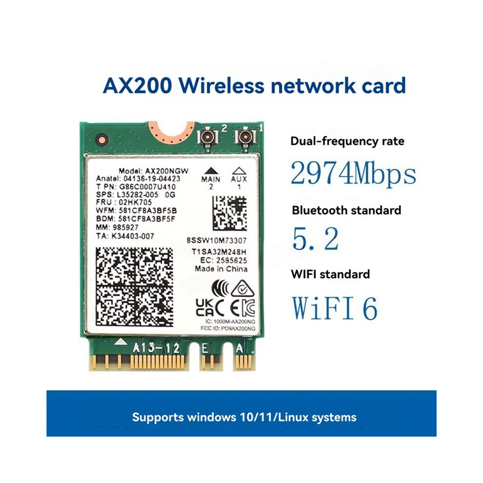 Ax200 Ax200ngw Network Card M.2 Ngff 2.4Ghz/5G Wi-Fi 6 2974Mbps Wifi Card 802.11Ax 5.2 Wifi Adapter 6032906943246