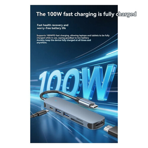 Type-C 6-in-1 USB Hub 3.0 Splitter with PD 100W Charging & 4K Multi-Functional Extender 2