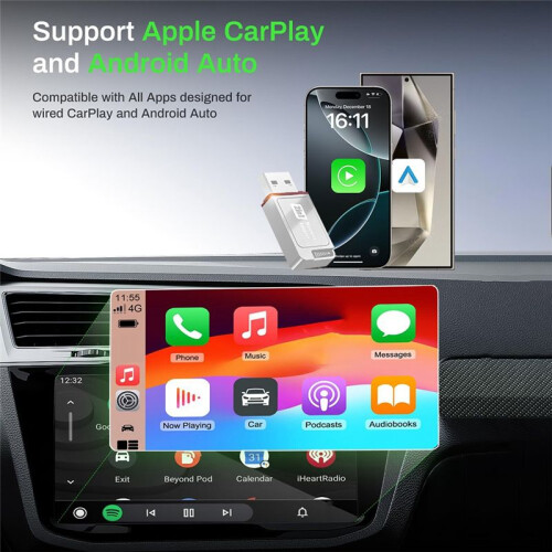 2-in-1 Wireless CarPlay Adapter Support CarPlay&for Android Auto, USB Dongle Convert Wired to Wireless Adapter 2